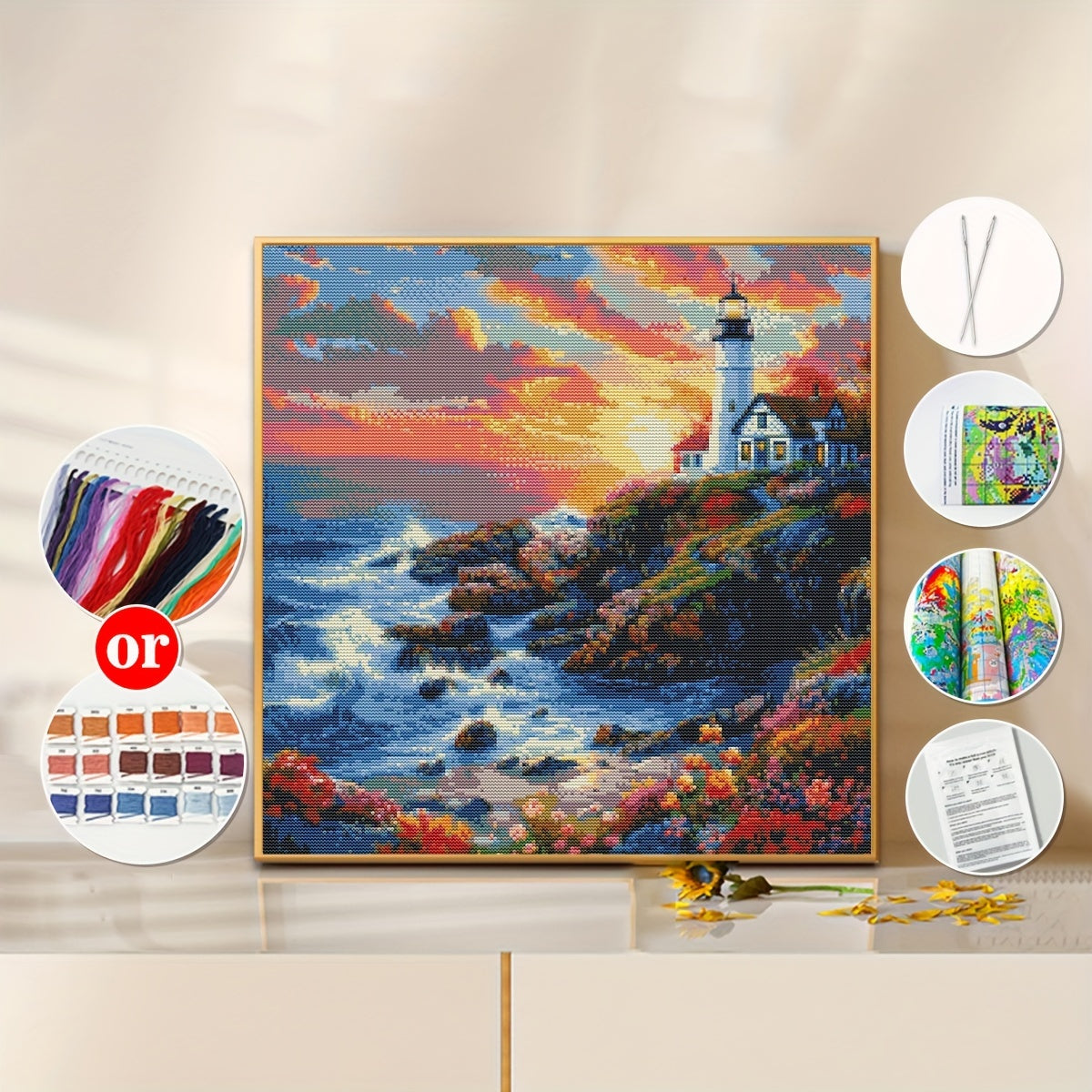 Delightful Seaside Lighthouse DIY Cross Stitch Kit - 15.7x15.7