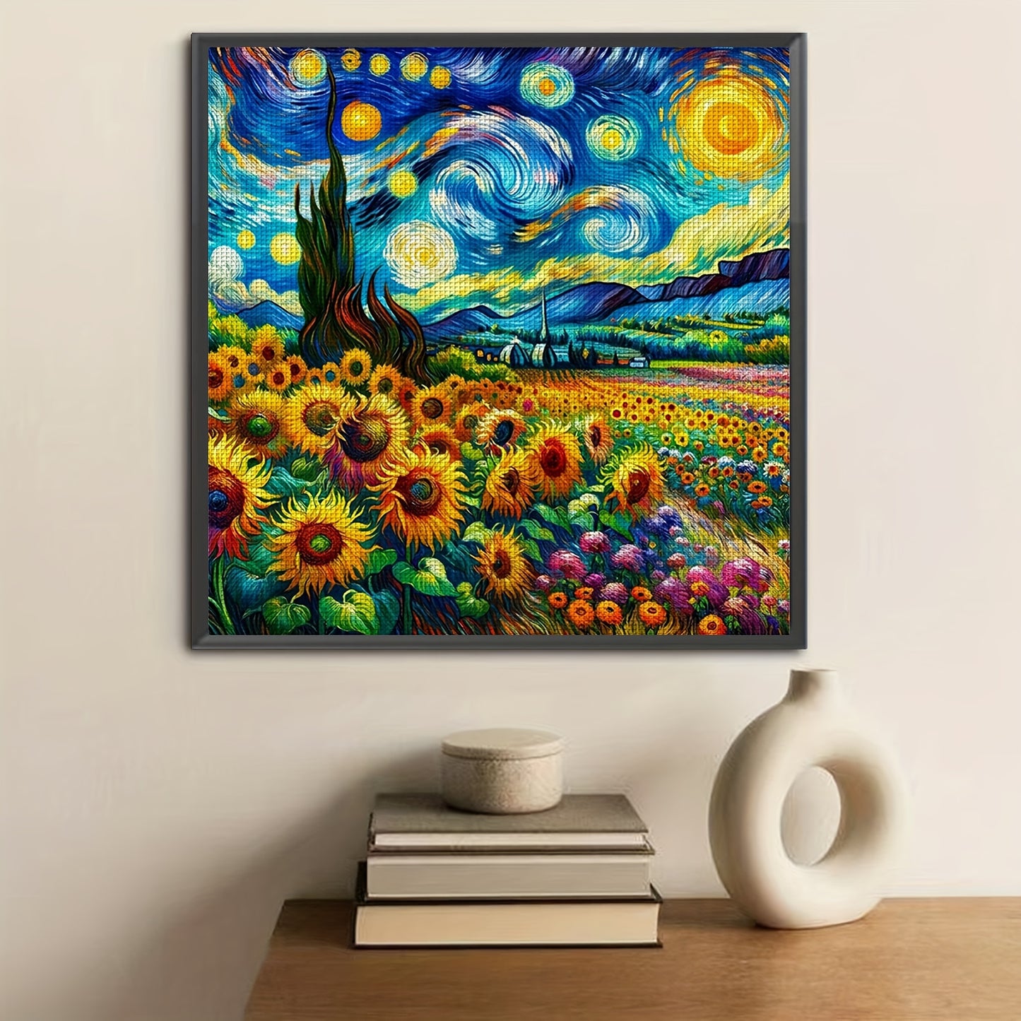 Starry Night Sunflowers Cross Stitch Kit,11CT Pre-Printed Canvas Cotton Thread Art,